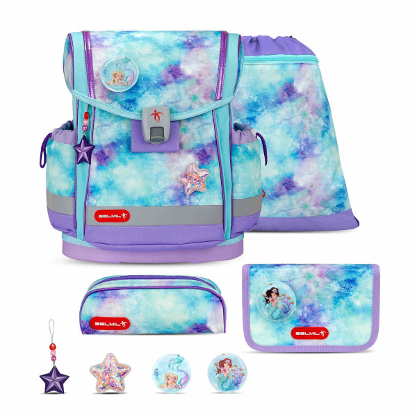 Belmil | Classy Plus ergonomisches Schulranzen-Set 5-teilig "Mermaids" mit Brustgurt, Magnetverschluss, Patch Set 3 Stück | 405-78/AG/S-30