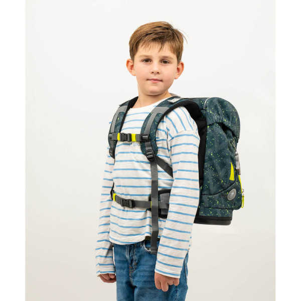 Belmil | Motion ergonomisches Schulranzen Set 5-teilig "Green Splash" aus recyceltem Material mit Brustgurt, Hüftgurt, Magnetverschluss, Patch Set 6 Stück | 405-74/S-29