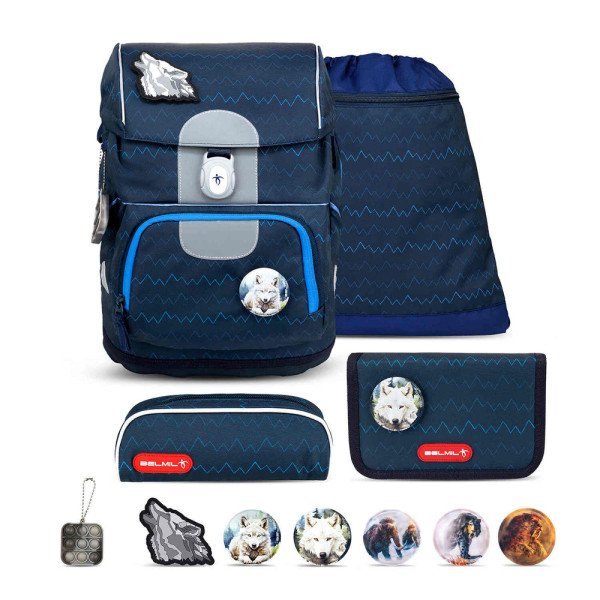 Belmil | Motion ergonomisches Schulranzen Set 5-teilig "Wolves" aus recyceltem Material mit Brustgurt, Hüftgurt, Magnetverschluss, Patch Set 6 Stück | 405-74/S-27