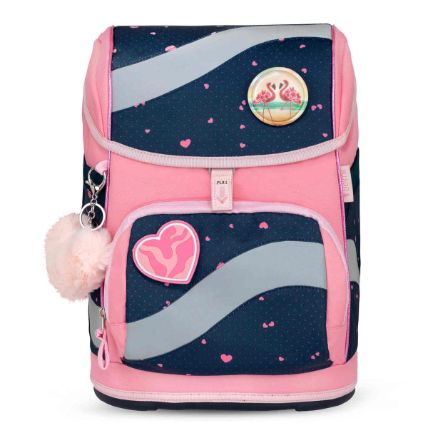 Belmil | Smarty ergonomisches Schulranzen Set 5-teilig "In Love With Hearts" mit Brustgurt, Hüftgurt, Magnetverschluss, Patch Set 6 Stück | 405-51/AG/S-40