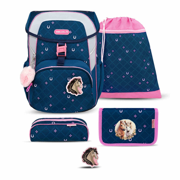 Belmil | Maxi ergonomisches Schulranzen-Set 5-teilig "Meet your Horses" mit Brustgurt, Magnetverschluss, einem Patch | 405-83/AG/S/2