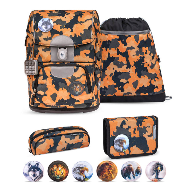 Belmil | Motion ergonomisches Schulranzen Set 5-teilig "Orange Camouflage" aus recyceltem Material mit Brustgurt, Hüftgurt, Magnetverschluss, Patch Set 6 Stück | 405-74/S-19