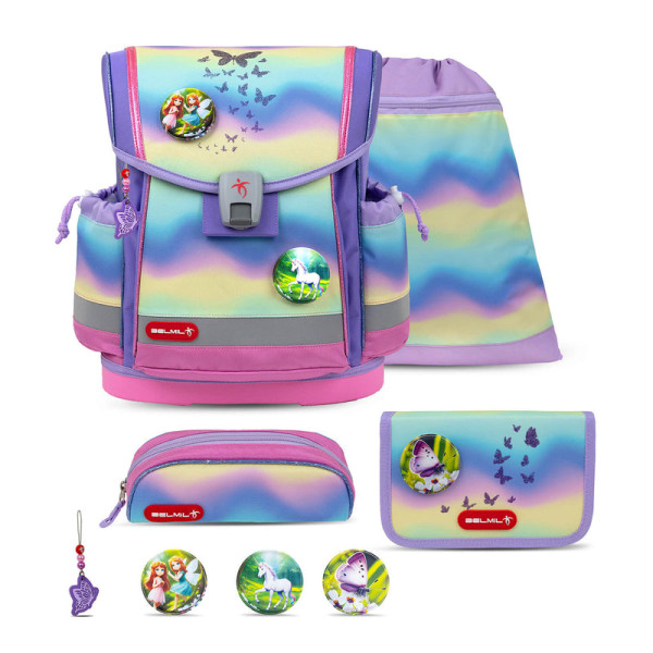 Belmil | Classy Plus ergonomisches Schulranzen-Set 5-teilig "Rainbow Ombre" mit Brustgurt, Magnetverschluss, Patch Set 3 Stück | 405-78/AG/S-7