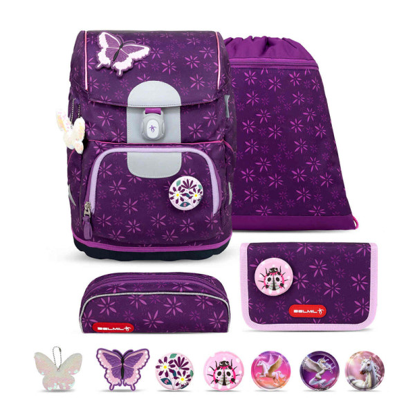 Belmil | Motion ergonomisches Schulranzen Set 5-teilig "Purple Spring" aus recyceltem Material mit Brustgurt, Hüftgurt, Magnetverschluss, Patch Set 6 Stück | 405-74/S-26