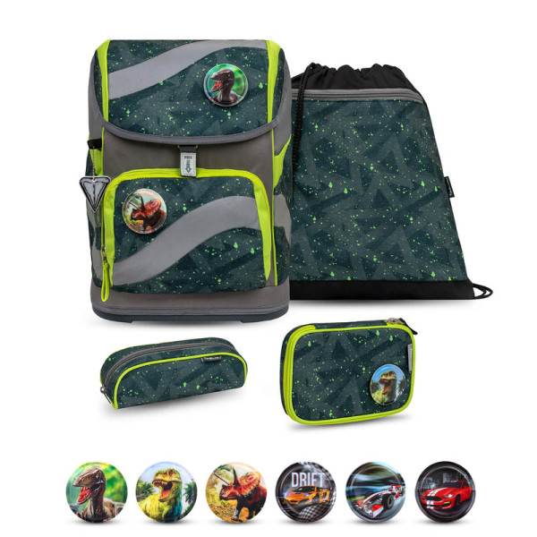 Belmil | Smarty ergonomisches Schulranzen Set 5-teilig "Green Splash" mit Brustgurt, Hüftgurt, Magnetverschluss, Patch Set 6 Stück | 405-51/AG/S-36